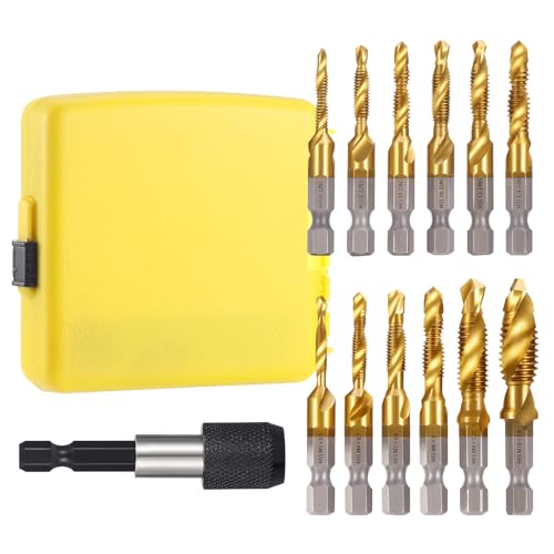 13 Stück Gewindebohrer Set, SAE/Metric M3–M10 Gewindeschneider mit Bohrer Set HSS Kombi Gewindebohrer Gewindeschneider mit Gewindebohrer Adapter für Holz Metall Kunststoff Aluminium von Gueenky