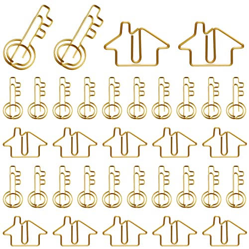 Gueevin 50 Stück Büroklammern in Hausform und Schlüsselform mit 2 transparenten Aufbewahrungsboxen, Metall, Gold, 3.54 Zoll, Schreibtischzubehör, Geschenk von Gueevin