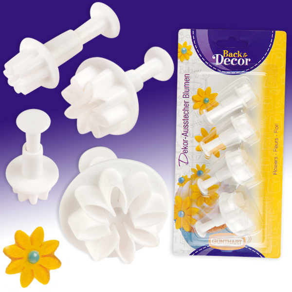 Blumen-Ausstecher aus Kunststoff mit Auswerfer für Zuckerblumen, 4er Blumen-Ausstecher aus Kunststoff mit Auswerfer für Zuckerblumen, 4er von Günthart