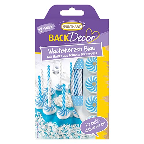 Günthart BackDecor | 12 blau-weiß Wachskerzen | mit Zuckerkerzenhalter | geeignet für Geburtstage | blau-weiß Wachskerzen langsam abbrennend von Günthart