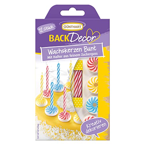Günthart BackDecor | 12 bunte Wachskerzen | mit Zuckerkerzenhalter | geeignet für Geburtstage | bunte Wachskerzen in den Farben blau, gelb und rot | langsam abbrennend von Günthart