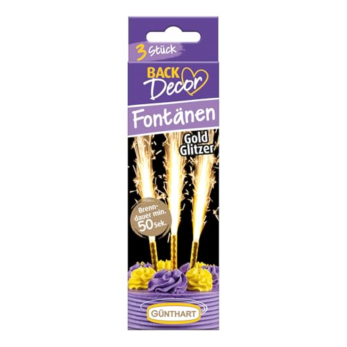 Günthart BackDecor 3 Stück Goldfontänen, Tortenfontänen für Torten Partys mit goldenen Funken ca 50 Sekunden Brenndauer, 1er Set (3 Stück) von Günthart