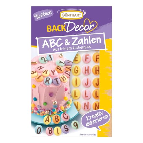 Günthart BackDecor 96 bunte Buchstaben & Zahlen aus Zucker kombinierbar zum personalisieren von Torten, Kuchen oder Cupcake, 1er Pack (27 gr) von Günthart