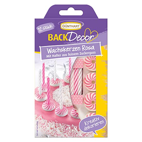 Günthart BackDecor | 12 rosa-weiß Wachskerzen | mit Zuckerkerzenhalter | geeignet für Geburtstage | rosa-weiß Wachskerzen langsam abbrennend von Günthart