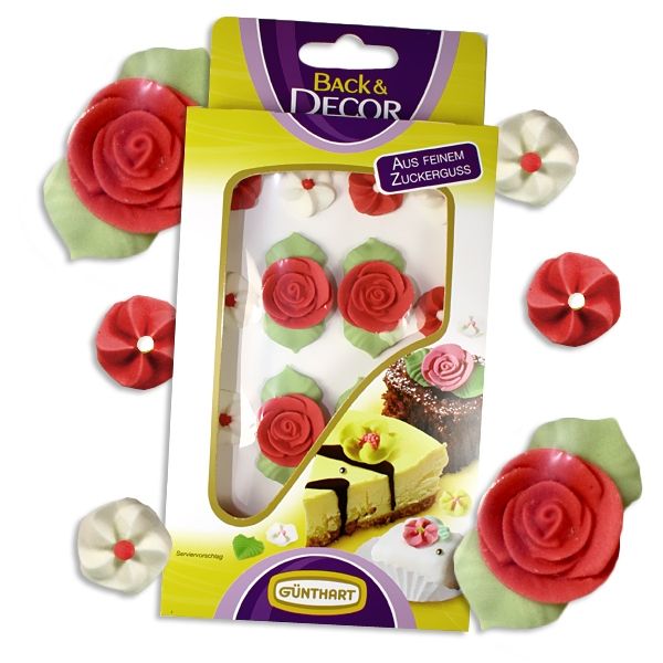 Zucker-Rosen, ROT, 4er-Set + 12 kleine Blümchen rot/weiß, Tortendeko Loveparty Liebe Zucker-Rosen, ROT, 4er-Set + 12 kleine Blümchen rot/weiß, Tortendeko Loveparty Liebe von Günthart