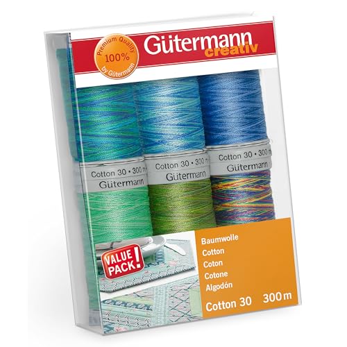 Gütermann creativ 734022-3 Nähfaden-Set, Baumwolle, grün/blau, 6 Spulen, 600 Meter von Gütermann