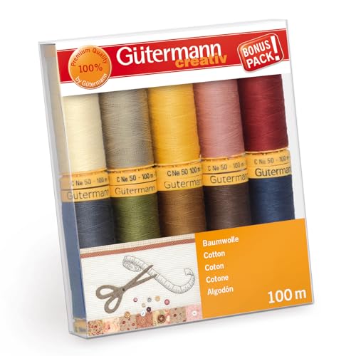 Gütermann creativ Nähfaden-Set mit 10 Spulen Baumwolle 100 m in verschiedenen Farben, Mehrfabig, 100x118x22 mm von Gütermann