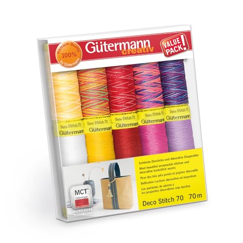 Gütermann creativ Nähfaden-Set mit 10 Spulen Zierstichfaden Deco Stitch 70 70 m in verschiedenen Uni- und Multicolour-Farben von Gütermann