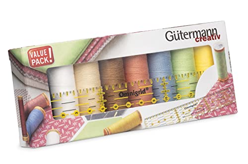 Gütermann Creativ Nähfaden-Set mit 8 Spulen Baumwolle C Ne 50 100 m in bunten Farben + ein Omnigrid Universal-Lineal, 3 x 15 cm, 734587 von Gütermann