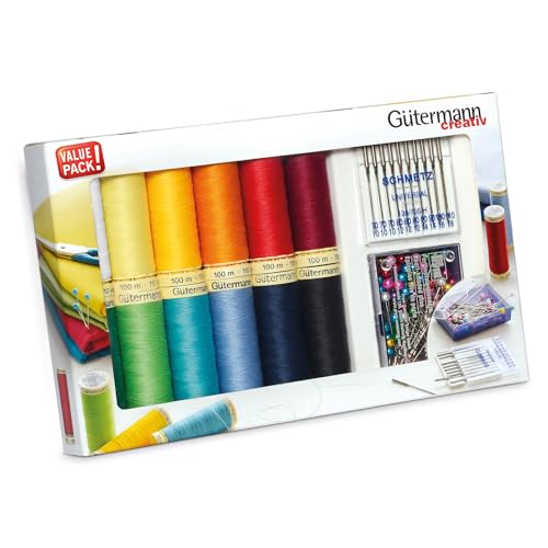 Gütermann creativ Nähfaden-Set mit 12 Spulen Allesnäher 100 m in starken Farben + Stecknadeln von PRYM und Nähmaschinennadeln von SCHMETZ Gütermann creativ Nähfaden-Set mit 12 Spulen Allesnäher 100 m in starken Farben + Stecknadeln von PRYM und Nähmaschinennadeln von SCHMETZ von Gütermann