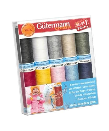 GütermannNähfaden-Set Allesnäher Water Repellent - Set mit 10 Spulen Allesnäher Water Repellent 100 m. Ideal für wasserabweisende Schließ- und Steppnähte. von Gütermann