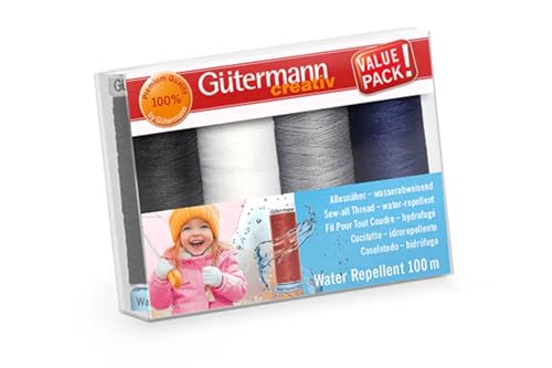 Nähfaden-Set Allesnäher Water Repellent 734027-3 Set mit 4 Spulen Allesnäher Water Repellent 100 m. In Verbindung mit wasserabweisenden Stoffen hält er jedem Wetter jedem Wetter stand. Nähfaden-Set Allesnäher Water Repellent 734027-3 Set mit 4 Spulen Allesnäher Water Repellent 100 m. In Verbindung mit wasserabweisenden Stoffen hält er jedem Wetter jedem Wetter stand. von Gütermann