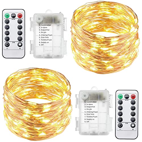 Guezuvoru LED-Lichterketten, 2er-Pack Lichterketten, batteriebetrieben mit Fernbedienung, 8 Modi, 50 LEDs, wasserdichte Drahtsternlichter, funkelnde Glühwürmchen-Lichter, Warmweiß von Guezuvoru