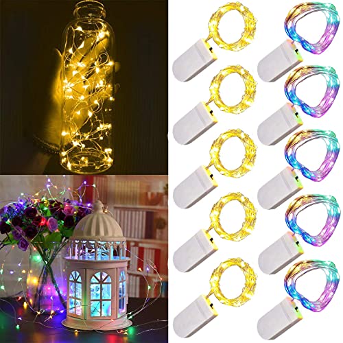 LED-Lichterkette,batteriebetrieben,1 m,10 LEDs,silberfarbener Draht,mehrfarbig und warmweiß,Stern-Flaschen-Lichterkette für Weihnachten,10 Stück von Guezuvoru
