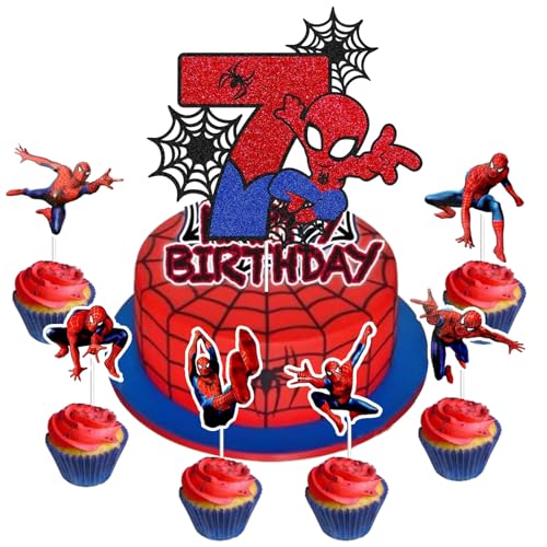 25 Stück Spiderm Cake Topper,7-Jährige Spiderm Tortendeko, Spiderm Kuchen Deko,Spiderm Deko Torte,Doppelseitiger Glitter Kindergeburtstag Kuchen Deko für Mädchen Junge Baby von Gugatad