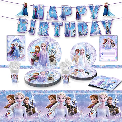 72 Stück Frozes Geburtstags Deko, Kinder Els Prinzessin Geburtstagsdeko,Birthday Decorations,Party Supplies Set mit Teller,Banner,Tischdecke,Servietten,Einladungskarte von Gugatad