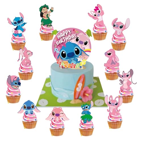 Stit Tortendeko,25pcs Stit Cake Topper,Stit Party Kuchen Dekoration,Cartoons Rosa Kuchen Topper,für Geburtstagsfeier Cupcake-Dekoration für Kinder von Gugatad