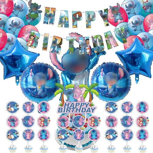 Stitc Geburtstags Deko,49 Stück Stitc Geburtstagsdeko,Folienballon Party Dekoration Set mit Banner,Luftballons,Cake Topper von Gugatad