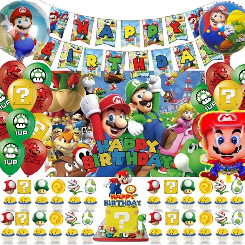 Super Mari Geburtstag Deko,48 Pièces Super Mario Geburtstag Party Deko,Mari Ballon Set mit Happy Birthday Banner, ,Latexballons etc,Kinder Geburtstag Party Dekoration von Gugatad