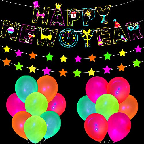 18 Stück Glow Neon Partyzubehör, Neon Luftballons, Glow in the Dark 2024 HAPPY NEW YEAR Banner, 4M Stern Hängen Girlande für Schwarzlichtparty, New Year party, Neon Party von Guidre