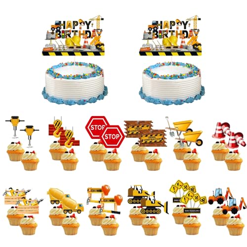 26 Stück Baufahrzeug Cupcake Topper, Happy Birthday Kuchen Deko, Bagger Cake Topper, BAU Thema Cupcake Topper für Jungen Kinder Geburtstagstorte Party Dekoration von Guidre