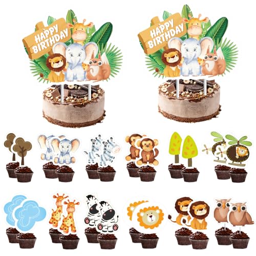 26Pcs Tiere Geburtstag Tortendeko, Zoo Tier Cake Topper, Dschungel Tier Cupcake Topper für Wald Safari Thema Geburtstag Deko für Fondant Muffins Tischdeko (Wildtiere) von Guidre