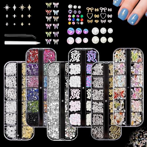 4 Boxen Nagelkunst Dekorations,Gold Silber Stern Schleifen Nail Charms,Halbrunde Perlen Nägel Strasssteine, Pailletten, AB Kristall Strasssteine,mit Pinzette und Stift für Nagel Bekleidung DIY 4 Boxen Nagelkunst Dekorations,Gold Silber Stern Schleifen Nail Charms,Halbrunde Perlen Nägel Strasssteine, Pailletten, AB Kristall Strasssteine,mit Pinzette und Stift für Nagel Bekleidung DIY von Guidre