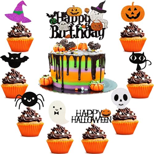 9 Stück Halloween Happy Birthday Tortendeko, Halloween Geburtstag Tortendeko, Glitzer Halloween Zauberer Geist Kürbis Kuchen Deko enthalten Kürbis, Geist, Spinne, Hexe für Halloween Party Dekoration von Guidre