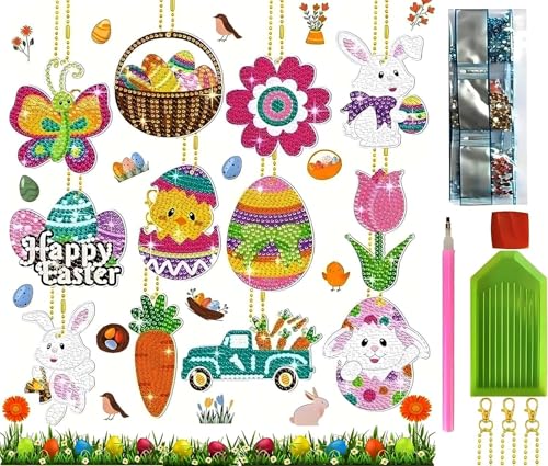 Guidre 12 Stück Diamond Painting Kinder,Diamond Painting SchlüSselanhänger Kaninchen,5D Diamond Painting Anhänger,Diamond Painting Ostern Hänger,Regali di Pasqua, kit de peinture diamant von Guidre