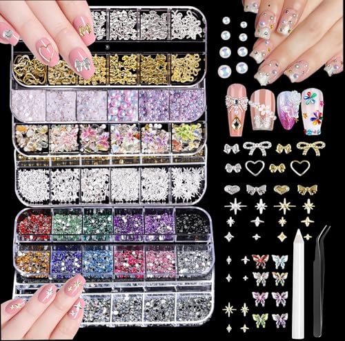 Nail Charms,6 Boxen Gold Silber Nagel Charms 3D Gold Bogen Stern Nail Art Dekoration+6200 Strasssteine Bunt Steine AB Perlen Diamanten,3D Legierung Bow Nail Gems Nagel Deko für Frauen Nagel (6-A) von Guidre