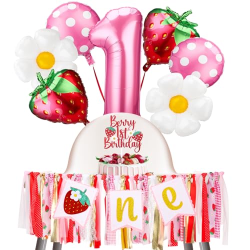 Strawberry Berry First Birthday Party Decor Sweet First High Chair Banner Pink One Balloon Strawberry Daisy Balloons, Berry 1st Birthday Decorations Photo Prop Gift von Guiqulai