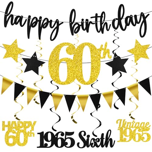 12 Stück Dekorationen zum 60. Geburtstag für Männer und Frauen, Schwarz / Gold, Vintage 1965 Happy 60th Birthday Banner, Dreiecksflagge, Banner, Glitzer, hängende Wirbel, Partyzubehör, Cheers to 60 von Guiruiy