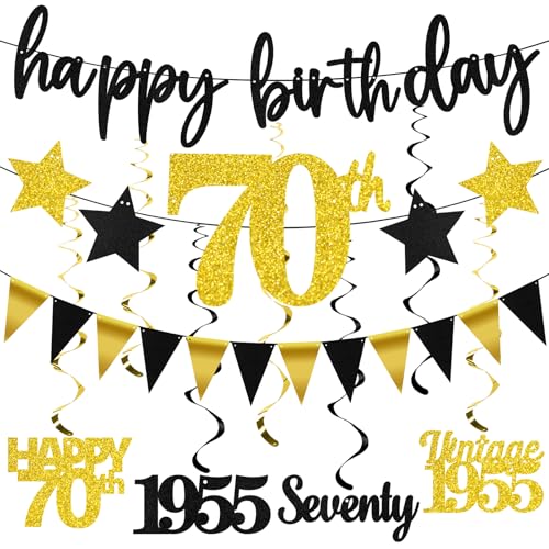 12 Stück 70. Geburtstag Dekorationen für Männer Frauen Schwarz Gold Vintage 1955 Happy 70th Birthday Banner Dreieck Flagge Banner Glitzer hängende Wirbel Partyzubehör Cheers to 70 Years Old Bday Decor 12 Stück 70. Geburtstag Dekorationen für Männer Frauen Schwarz Gold Vintage 1955 Happy 70th Birthday Banner Dreieck Flagge Banner Glitzer hängende Wirbel Partyzubehör Cheers to 70 Years Old Bday Decor von Guiruiy