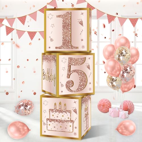 Guiruiy 3 x Dekoboxen zum 15. Geburtstag für Frauen, rosa und rotgoldener 15. Geburtstag, Partyzubehör, rosa 15. Geburtstag, Pappschachtel, Dekoration von Guiruiy