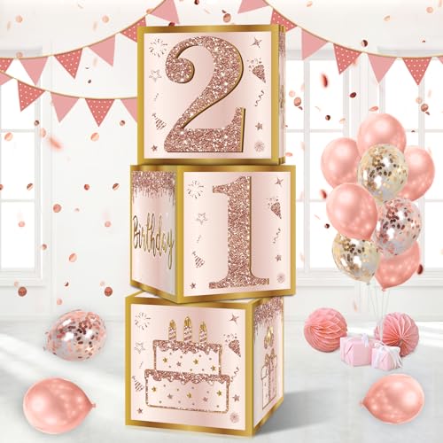 Guiruiy 3 x Dekoboxen zum 21. Geburtstag für Frauen, rosa und rotgoldener 21. Geburtstag, Partyzubehör, rosa 21 Jahre altes Geburtstagsthema, Pappschachtel, Dekoration von Guiruiy
