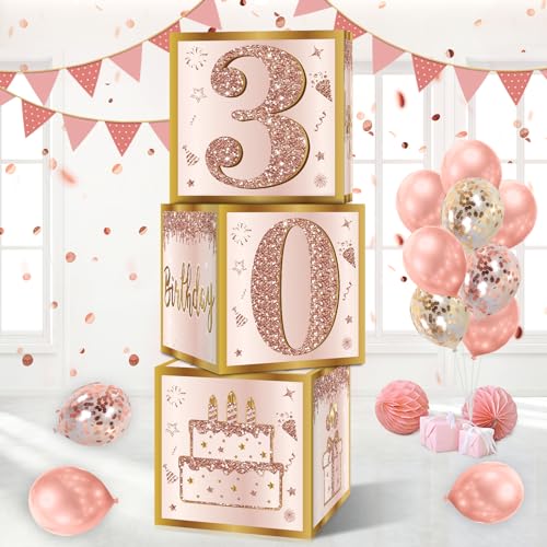 Guiruiy 3 x Dekoboxen zum 30. Geburtstag für Frauen, rosa und rotgoldenes Ballon-Boxen zum 30. Geburtstag, Partyzubehör, rosa 30 Jahre alt Geburtstag, Pappschachtel, Dekoration von Guiruiy