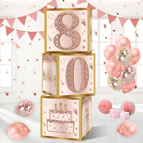 Guiruiy 3 x Dekoboxen zum 80. Geburtstag für Frauen, rosa und rotgoldenes Luftballonboxen, Partyzubehör, rosa 80 Jahre alt, Pappschachtel, Dekoration von Guiruiy