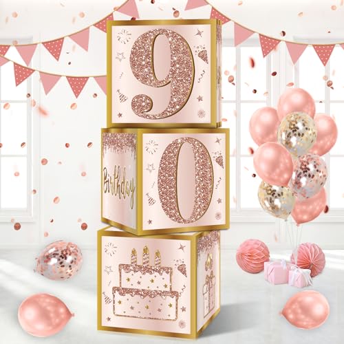 Guiruiy 3 x Dekoboxen zum 90. Geburtstag für Frauen, rosa und rotgoldener Ballon zum 90. Geburtstag, Partyzubehör, rosa neunzig Jahre altes Geburtstagsthema, Pappschachtel, Dekoration von Guiruiy