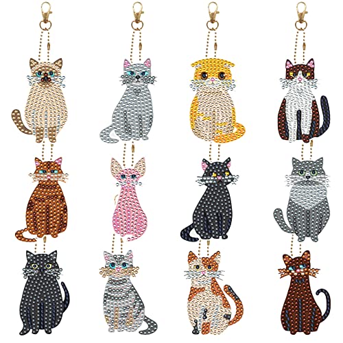 12 Stück 5D Diamant Kunst Malerei Schlüsselanhänger Katze Vollbohrer Malerei Schlüsselanhänger Doppelseitig Diamond Art Craft Painting Keyring Kristall Strass Stickerei Bilder DIY Schlüsselanhänger von Gukasxi