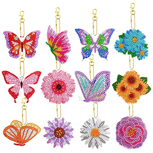 12 Stücke Diamond Painting Schlüsselanhänger Kit für Kinder, Doppelseitige 5D Diamant Malerei Schlüsselanhänger Blumen Schmetterling Strass Kunst Handwerk Malerei schlüsselbund für Frauen Mädchen von Gukasxi