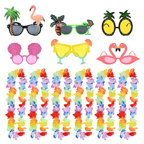 12Stück Hawaiikette Blumenkette und Party Brillen, Hawaii Blumen Halskette Lustige Hawaiianische Brille Hawaiian Tropical Sonnenbrillen Kostüm Party Sonnenbrille für Strand Thema Party Foto Requisiten von Gukasxi