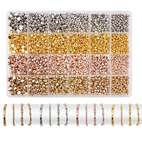 2400 Stück Perlen zum Auffädeln Perlen für Armbänder, 4 Farben Schmuckperlen Set Perlen Armbänder Metall Abstandsperlen Bastelperlen mit Loch für Schmuckherstellung Zubehör DIY Armband Halskette von Gukasxi