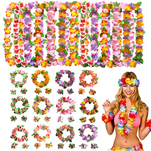 48 stücke Hawaii Blumen Halsketten, Bunten Hawaiiketten Hawaii Blumenketten Blumen Armbänder Stirnbänder, Tropische Tiki Hibiscus Blumen Luau Party Gefälligkeiten Liefert Hawaiian Leised Dekorationen von Gukasxi
