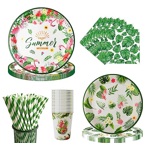 88 Stück Hawaiian Party Tableware Hawaii Party Geschirr, Hawaiian Partyzubehör Set mit Flamingo Teller Becher Servietten Trinkhalme Besteck für 16 Personen, Flamingo Partygeschirr Set von Gukasxi