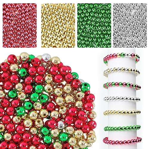 Gukasxi 1200 Stück Weihnachts Bastelset für Kinder, 6mm Weihnachtsperlen Kunststoff, Weihnachten Glasperlen, 4 Farbe Runde Pony Perlen mit elastischer Schnur, DIY Armband Halskette Hängendes Ornament von Gukasxi