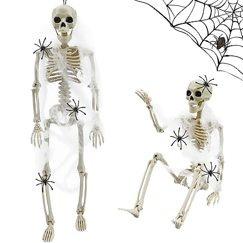 Gukasxi Halloween Deko, 2 Stück 40cm Halloween Skelett, 40g Weiß Spinnennetz Dekoration mit 6 Stück Falschen Spinnen Horror Halloween Party Deko Ornament für SpaßHaus Garten Deko Requisiten von Gukasxi