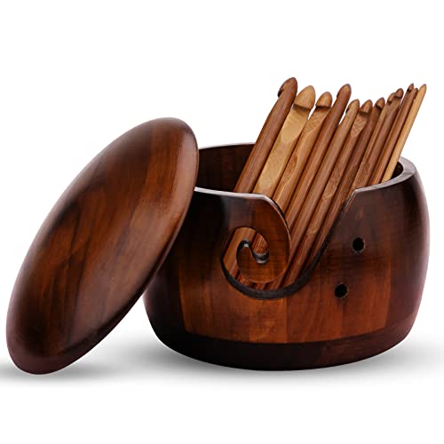 Holz Garnschale mit Deckel, Handgemachte Holzgarnschale und 12 Stück Häkelnadeln Set für Häkeln Stricken Zubehör DIY Handwerk Geschenk für Frauen Holz Garnschale mit Deckel, Handgemachte Holzgarnschale und 12 Stück Häkelnadeln Set für Häkeln Stricken Zubehör DIY Handwerk Geschenk für Frauen von Gukasxi