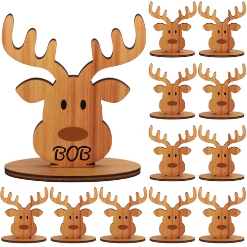 Gulfmew 12 Stück Platzkarten Weihnachten Tischkarten Weihnachten Holz Weihnachtsfeier Tischdeko Marker Weihnachten Tischdeko für Gäste Namen Abendessen Party(Niedliches Rentier,3,78 x 3,23 Zoll) von Gulfmew