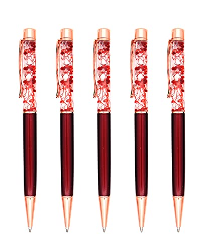 Gullor 5 Stück Floral Kugelschreiber Metall Blume Stift Dynamic Liquid Flower Pen Schwarz Tinte Rot von Gullor