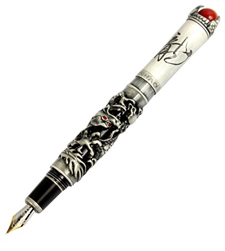 Gullor JinHao antike silberne Drachen-Stil 3D geschnitzte Füllfederhalter mit roter Perle, mittlere Spitze, schwarz von Gullor